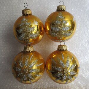 4 Gold Glass Ball Ornaments with Stencil Silver & Gold Glitter West Germany Vtg